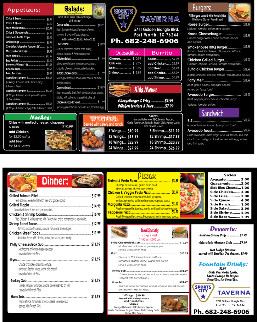 Sports City Taverna - Sports Bar & Grill Menu